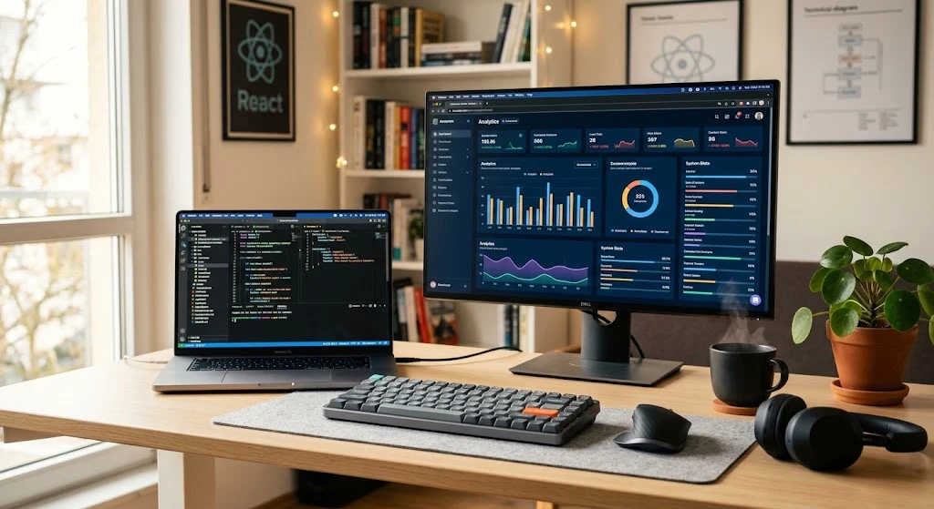 Setup de trabalho de Emerson Oliveira, com editor de código e dashboard na tela